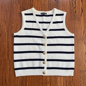 Adrianna Papell Nautical Knit Vest Navy White Striped Gold Button Preppy Sailor